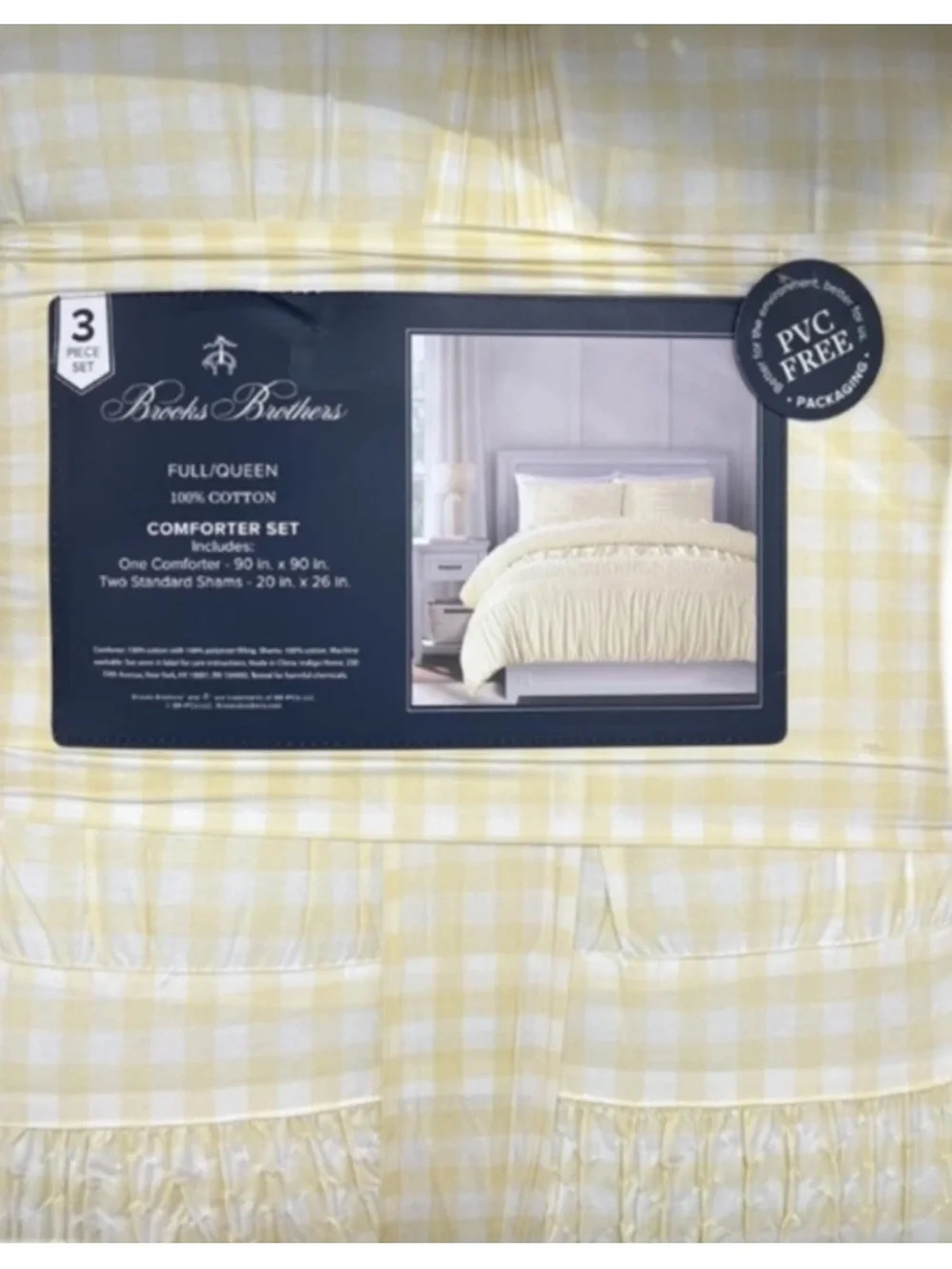 Brooks Brother Yellow and White Checkered Queen Cotton Comforter Set 90”x90”